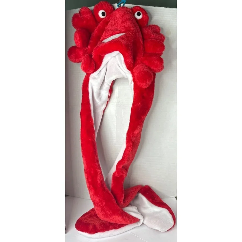 Red Crab Plush Hat Ear Flaps with Arm-Length Attached Mitten Winter fall costume